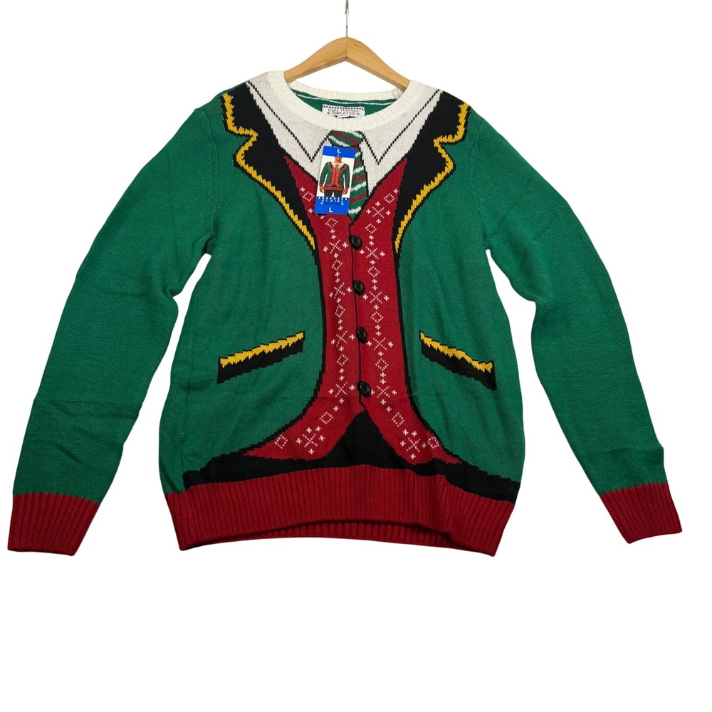 Ugly Holiday Sweater Mens Large Green Red Elf Tuxedo Trompe L'oeil NWT